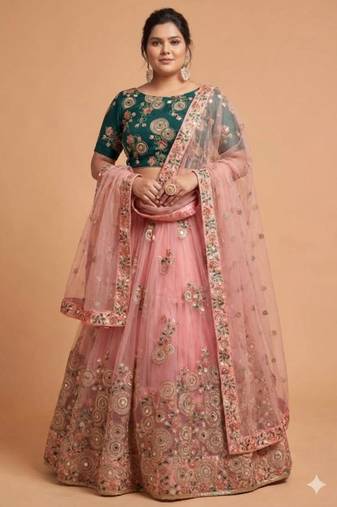 Classiques Net Embroidered Peach Lehenga Choli Set