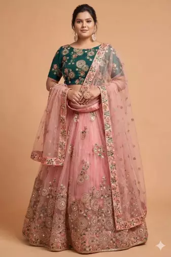 Classiques Net Embroidered Peach Lehenga Choli Set