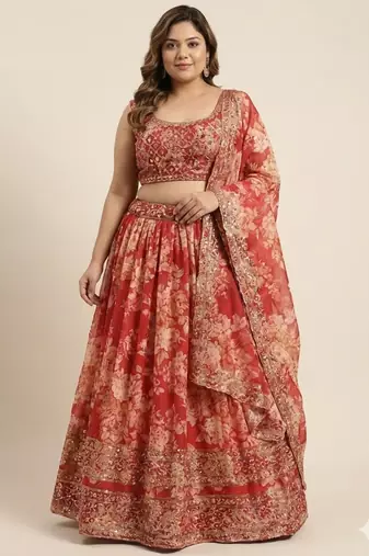 Red Organza Zari and Sequin Floral Embroidered Wedding Lehenga Choli