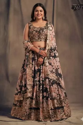Black Organza Lehenga Choli with Floral Prints