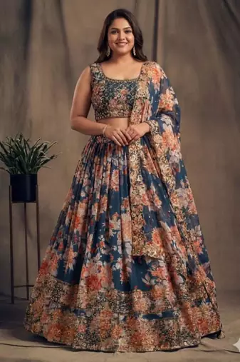 Teal Organza Wedding Lehenga Choli with Zari and Sequins Work