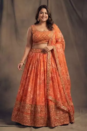 Orange Organza Lehenga Choli with Embroidery Zari Work