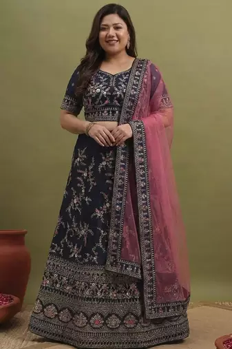 Blue and Pink Embroidered Lehenga Choli for Women
