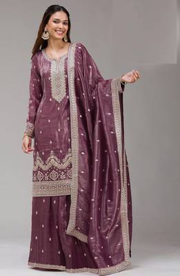 Mauve embroidered gold crush stitched palazzo style salwar suit 1
