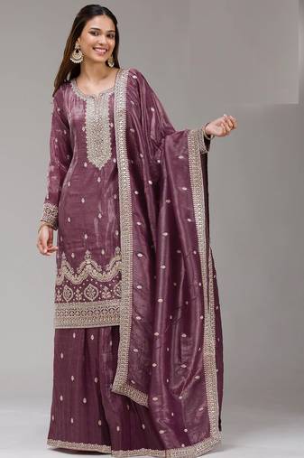 Mauve embroidered gold crush semi-stitched palazzo style salwar suit