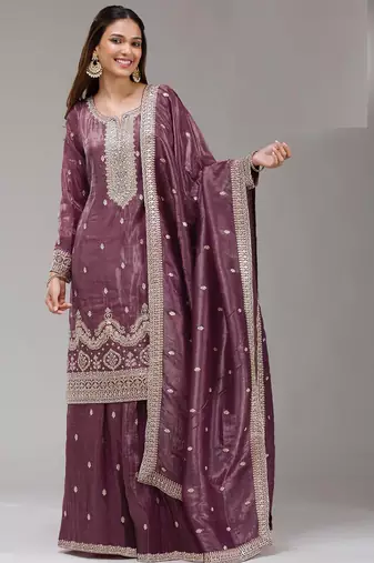 Mauve embroidered gold crush semi-stitched palazzo style salwar suit