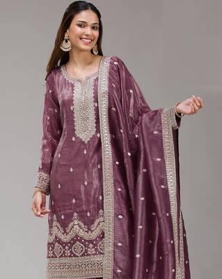 Mauve embroidered gold crush stitched palazzo style salwar suit 2
