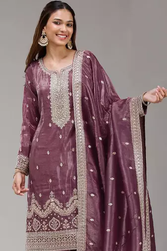 Mauve embroidered gold crush stitched palazzo style salwar suit