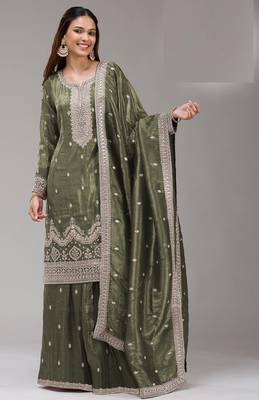 Green embroidered gold crush stitched palazzo style salwar suit 1