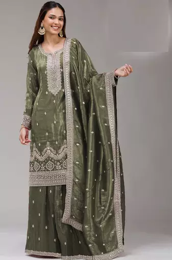 Green embroidered gold crush semi-stitched palazzo style salwar suit