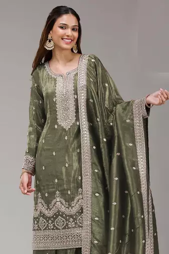 Green embroidered gold crush stitched palazzo style salwar suit