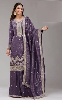 Purple embroidered gold crush stitched palazzo style salwar suit 1