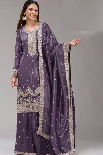 Purple embroidered gold crush semi-stitched palazzo style salwar suit
