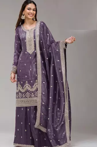 Purple embroidered gold crush semi-stitched palazzo style salwar suit