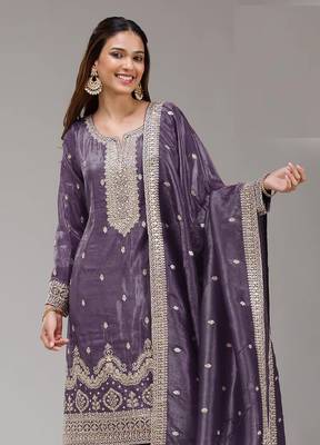Purple embroidered gold crush stitched palazzo style salwar suit 2