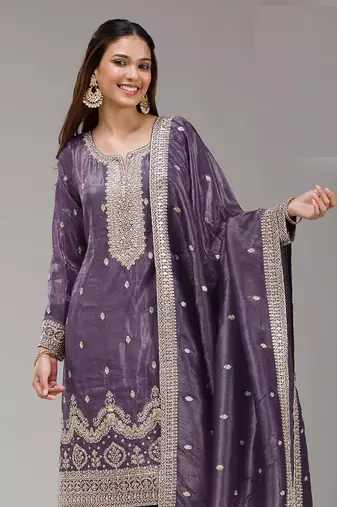 Purple embroidered gold crush stitched palazzo style salwar suit