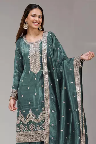 Wine embroidered gold crush stitched palazzo style salwar suit