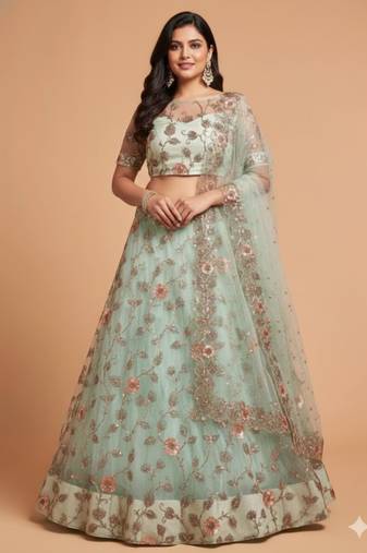 pista green thread embroidery net lehenga-choli