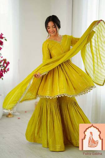Lime Green  Ethnic Wear Anarkali Sharara Set with Mirror Handwork