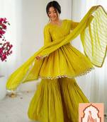 Lime Green  Ethnic Wear Anarkali Sharara Set with Mirror Handwork