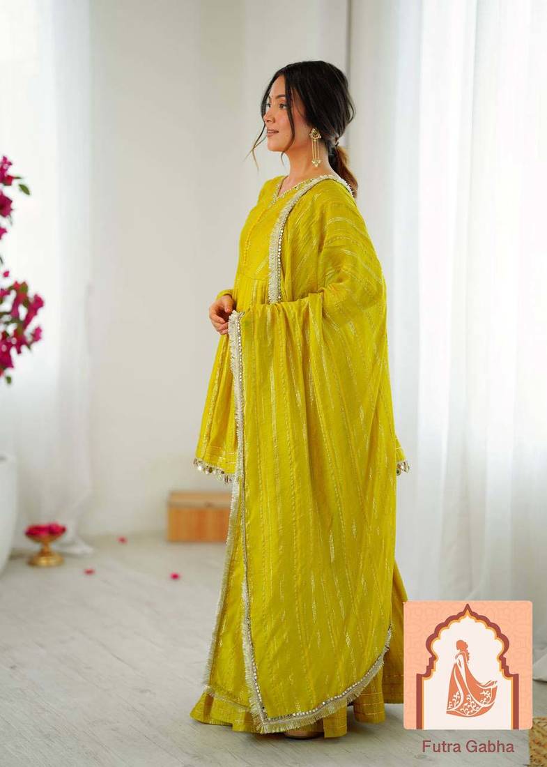 Lime Green  Ethnic Wear Anarkali Sharara Set with Mirror Handwork