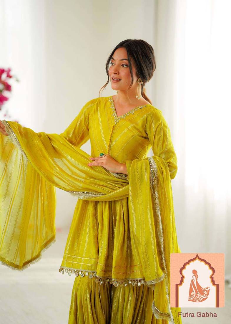 Lime Green  Ethnic Wear Anarkali Sharara Set with Mirror Handwork
