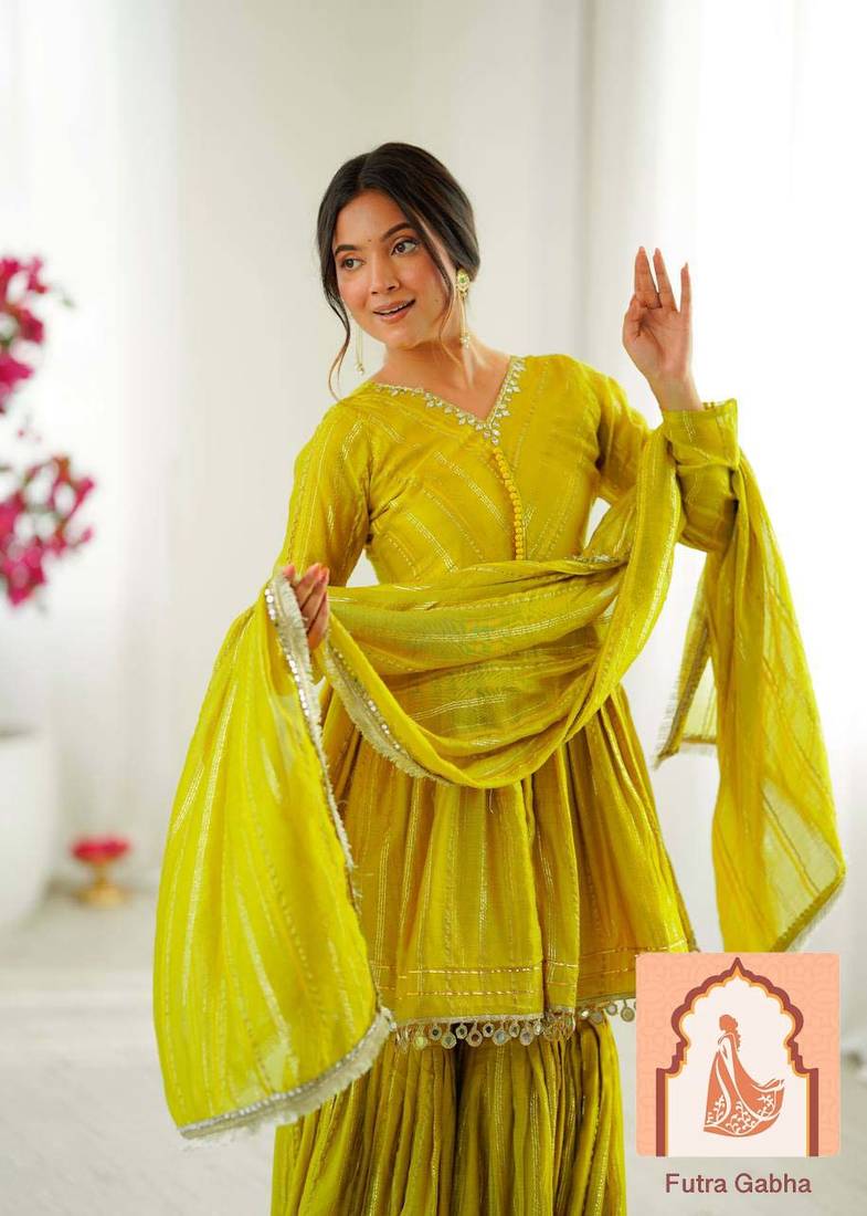 Lime Green  Ethnic Wear Anarkali Sharara Set with Mirror Handwork