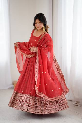 Red Silk Sequin Anarkali with dupatta 