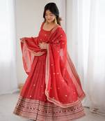 Red Silk Sequin Anarkali with dupatta 