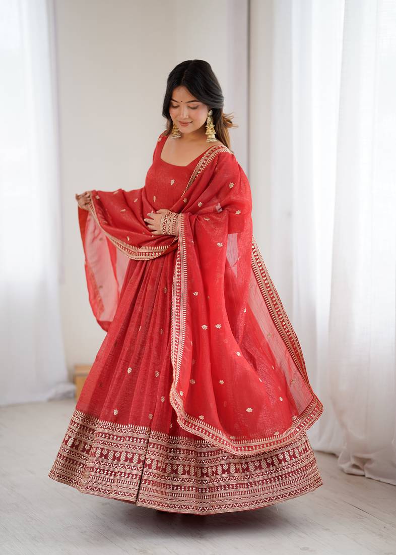 Red Silk Sequin Anarkali with dupatta 