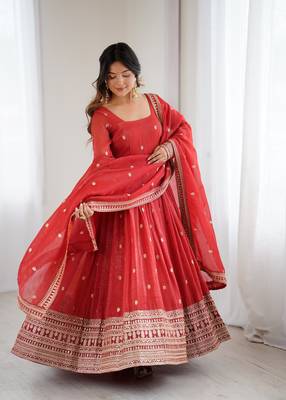 Red Silk Sequin Anarkali with dupatta  2