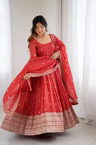 Red Silk Sequin Anarkali with dupatta 