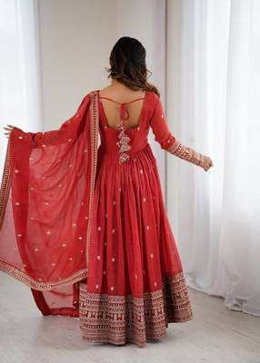 Red Silk Sequin Anarkali with dupatta  3