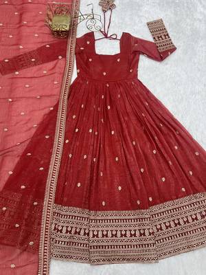 Red Silk Sequin Anarkali with dupatta  5