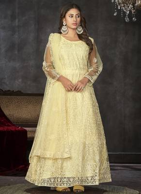 Light yellow net thread embroidered wedding wear anarkali suit 1