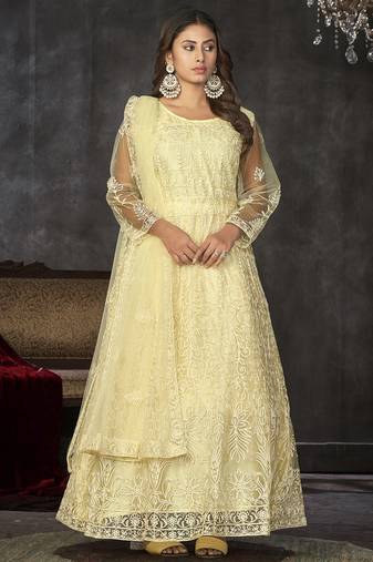 Light yellow net thread embroidered wedding wear anarkali suit