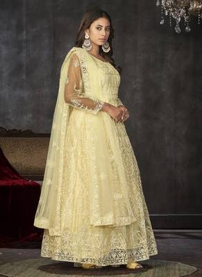 Light yellow net thread embroidered wedding wear anarkali suit 2