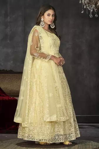 Light yellow net thread embroidered wedding wear anarkali suit