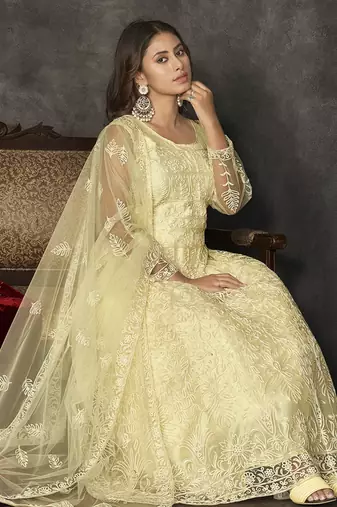 Light yellow net thread embroidered wedding wear anarkali suit