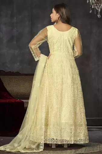 Light yellow net thread embroidered wedding wear anarkali suit