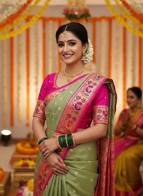 Green Color Soft Traditional Banarasi Silk Blend Saree 1