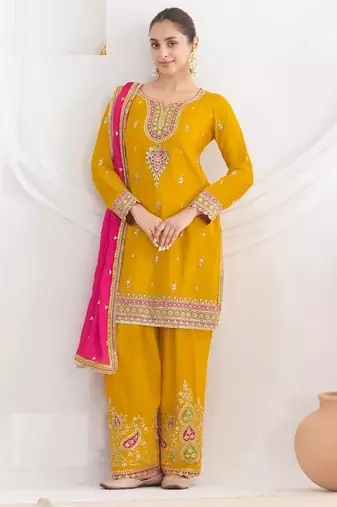 Yellow heavy chinon Pallazo Suit - Full stitched free size
