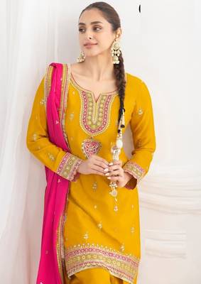 yellow heavy chinon wedding suit-Full Stitched Free size 2