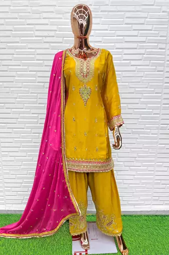 yellow heavy chinon wedding suit-Full Stitched Free size
