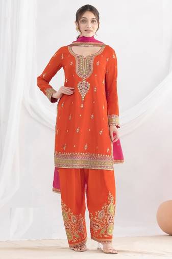 Orange heavy chinon Pallazo Suit - Full stitched free size