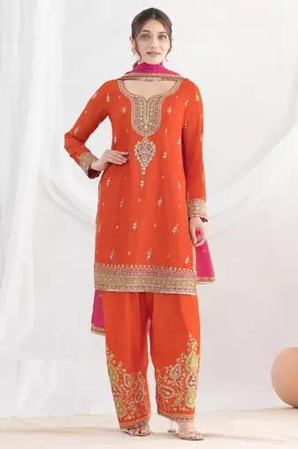 Orange heavy chinon Pallazo Suit - Full stitched free size