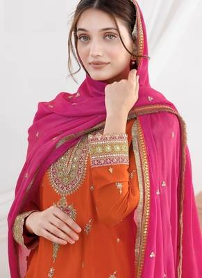 /orange heavy chinon suit-Full Stitched Free size 2