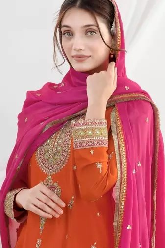 /orange heavy chinon suit-Full Stitched Free size
