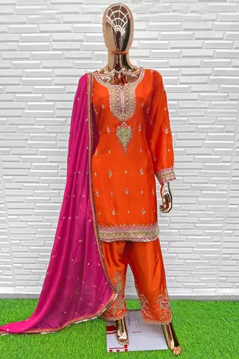 /orange heavy chinon suit-Full Stitched Free size