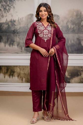 Maroon Cotton cambric  straight kurti pant dupatta set